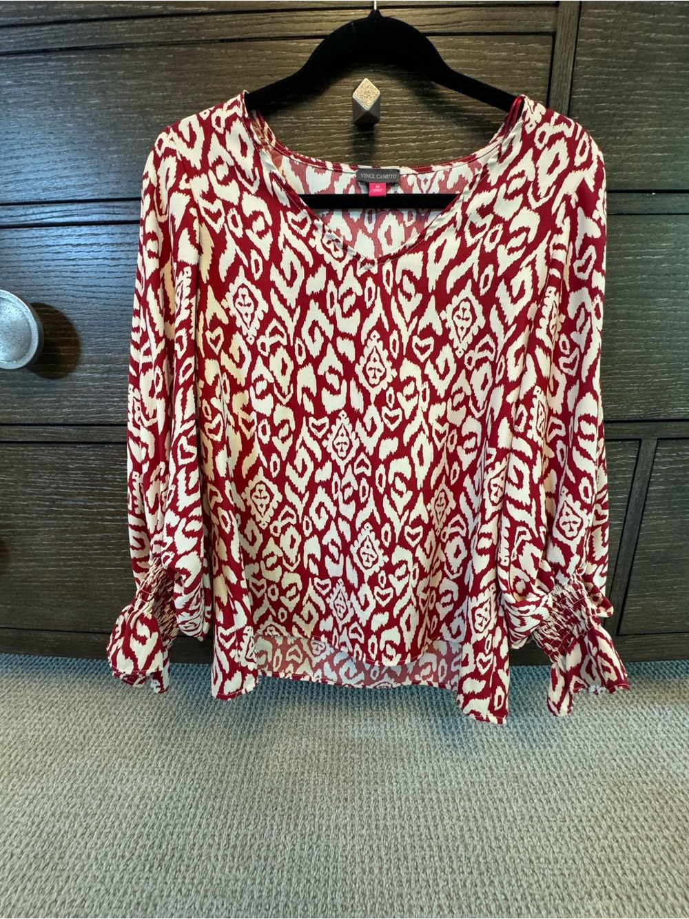 Vince Camuto Red and White Ikat Print Blouse with Tie Sleeves